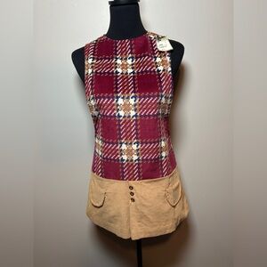 Vintage 70s Plaid Corduroy Jumper Dress Mod Patchwork Mini Deadstock